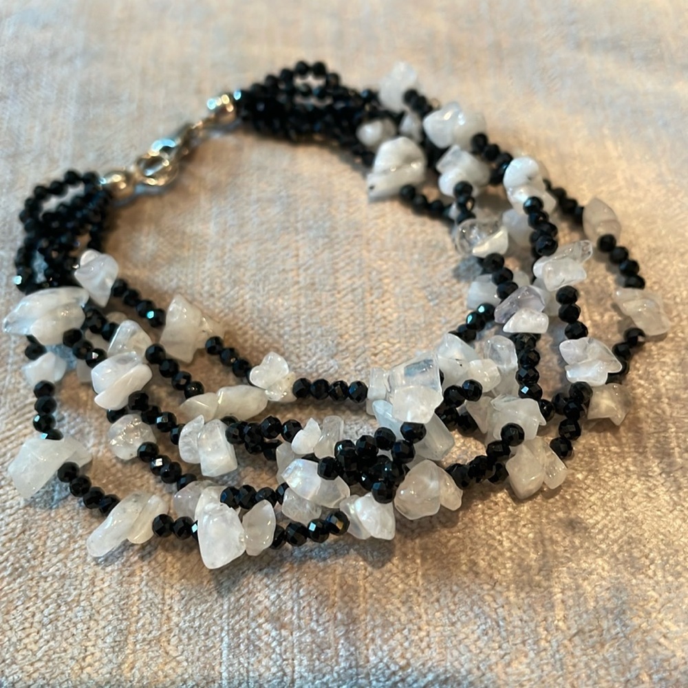 Black Spinel & White Moonstone Bracelet Size 7.25” New! 925 Sterling Silver